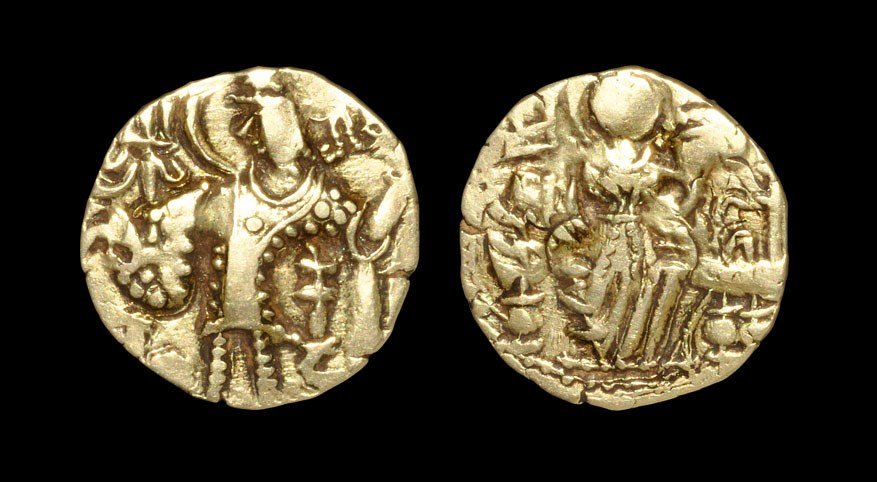 World India - Kushan - Gold Stater: Circa 290-310 AD, Vasu Diva (or imitative?). Obv: nimbate king standing left, sacrificing over altar with trident behind. Rev: nimbate Ardoxsho seated facing on throne, holding diadem and cornucopia; 
