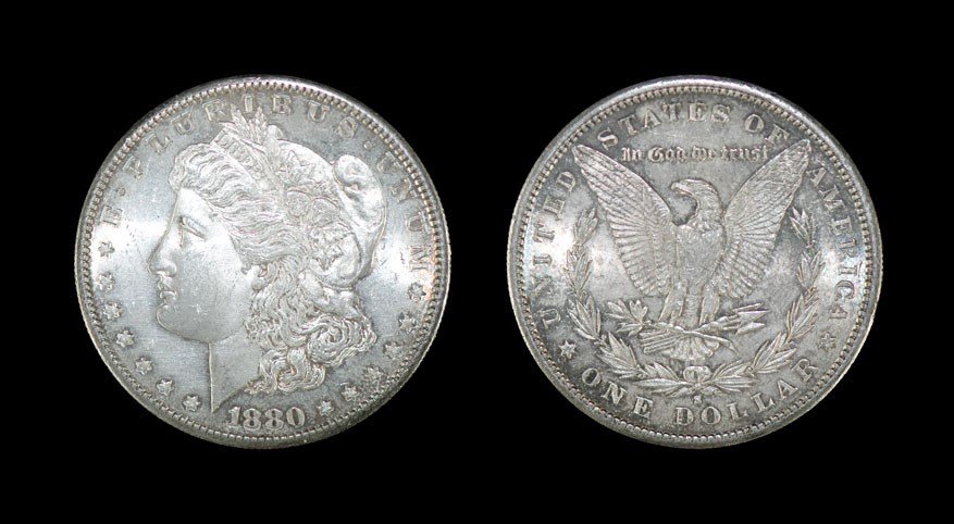 World United States - 1880S - Morgan Dollar: Dated 1880, San Francisco mint. Obv: profile bust with date below and E PLURIBUS UNUM legend. Rev: eagle and wreath with 'S' mintmark below and UNITED STATES OF AMERICA ONE DOLLAR legend. K&M # 110. 2