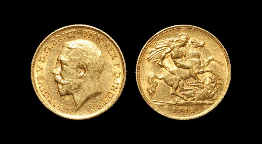 English Milled George V - 1912 - Gold Half Sovereign: Dated 1912. Obv: profile bust with GEORGIVS V D G BRITT OMN REX F D IND IMP legend. Rev: St George and dragon with date below. S. 4006. 3.98 grams. The proceeds from this lot are being donated to char