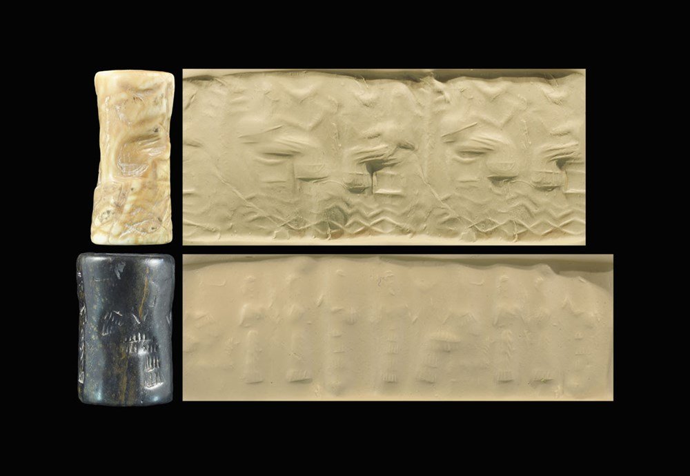 Near Eastern Babylonian Stone Cylinder Seal Group, One: Circa 800 BC. A mixed group of cylinder seals comprising: one shell-core, waisted with design of seated figures and an interweaving wavy line below, probably representing water; one black limestone wi