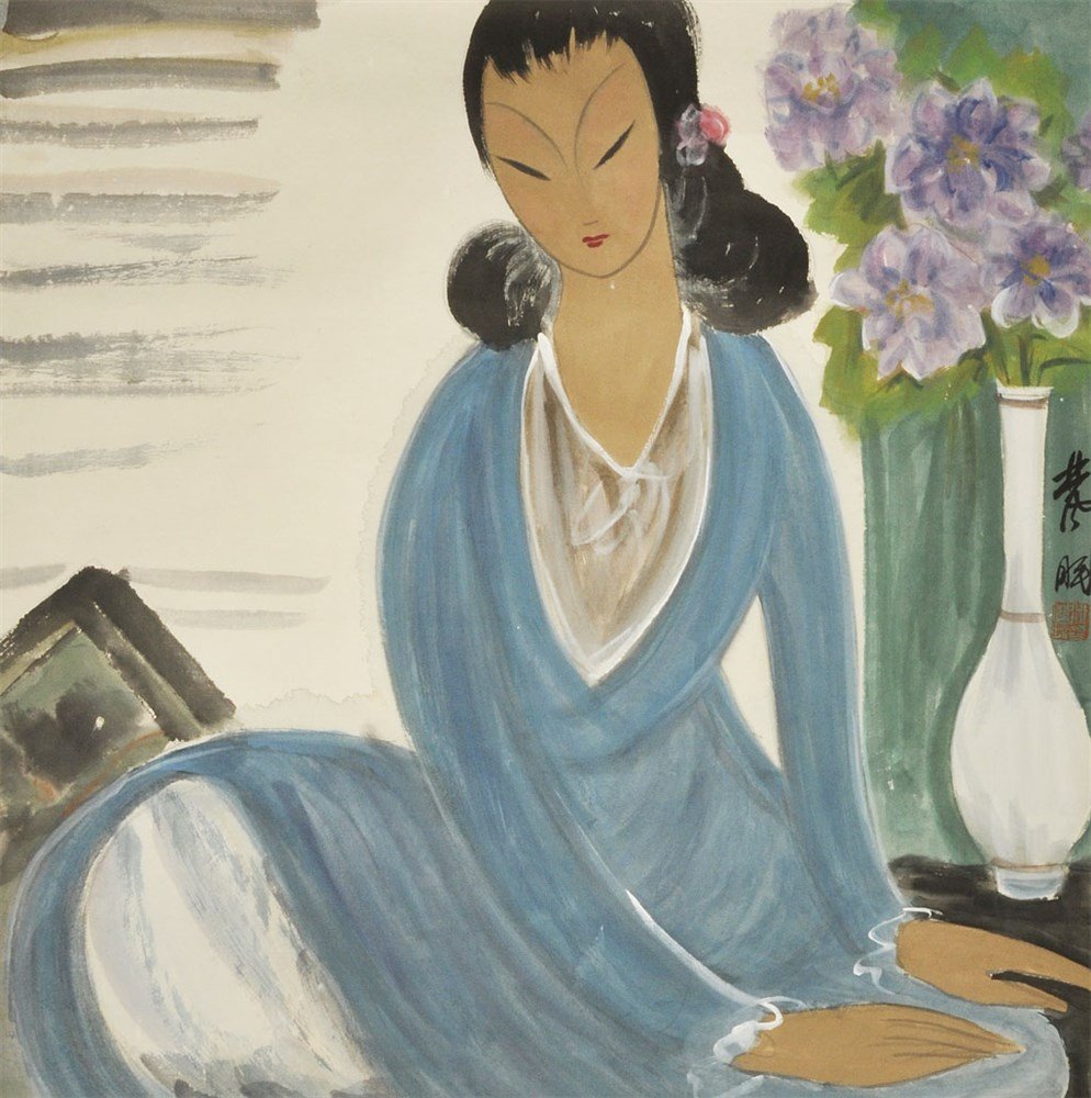 Chinese Lady in Blue Robe Painting: 20th century AD. A watercolour painting a seated lady in blue robe with vase of flowers, calligraphic text and one chop seal. 520 grams, scroll: 176 x 82 cm, image: 67 x 67 cm (image: 26 1/4 x 26 1/4"