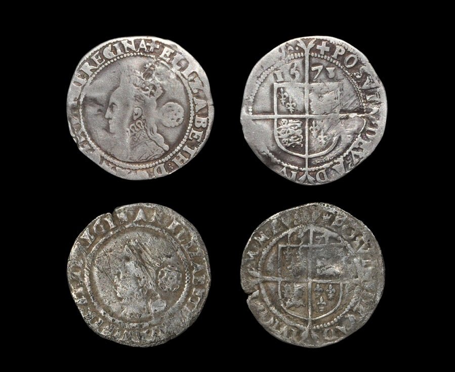 Tudor Elizabeth 1 - 1571, 1578 - Sixpences [2]: Dated 1571 and 1578 AD. Obvs: profile bust with rose behind and ELIZABETH D G ANG FR ET HI REGINA legend with 'castle' and 'Greek cross' mintmarks. Rev long cross over arms with date and POSVI DEV ADI