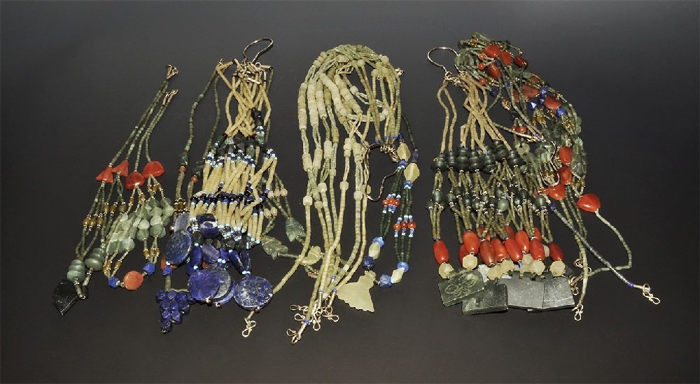 Jewellery Bead String Group: A mixed group of thirty undated archaistic bead strings, mainly tubular and fusiform; lapis lazuli, carnelian, jade and other materials. 891 grams Property of a London gentleman; acquired before 1980.