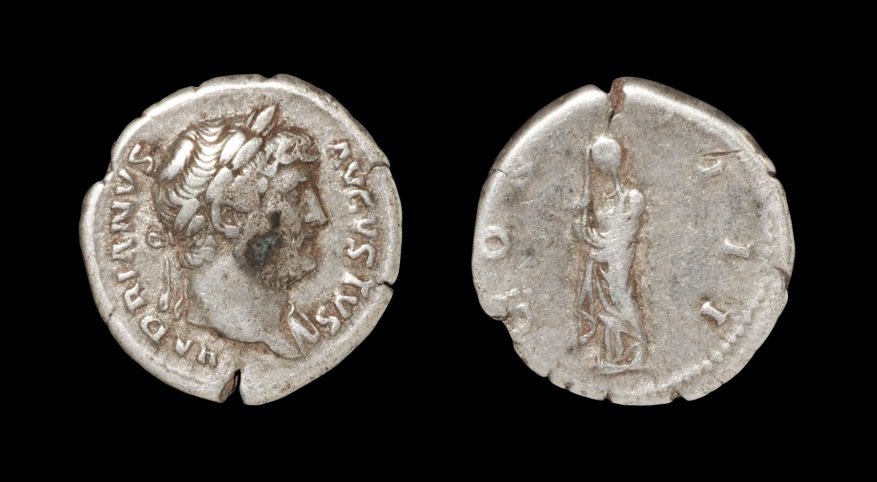 Roman Hadrian - Pudicitia Denarius: 125-128 AD. Rome mint. Obv: HADRIANVS AVGVSTVS, laureate head right, slight drapery on left shoulder. Rev: COS III, Pudicitia standing left, covering face with veil. RIC 176; BMCRE 405; RSC 392; Sear 