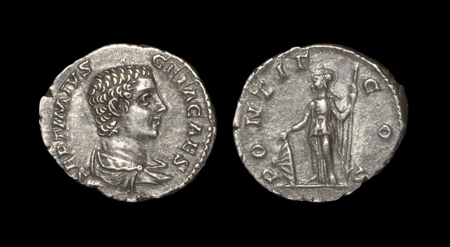 Roman Geta - Minerva Denarius: 202 AD, Rome mint. Obv: P SEPTIMIVS GETA CAES legend with youthful, bare-headed, draped bust right. Rev: PONTIF COS legend with Minerva standing left, holding spear and resting right hand on shield. R