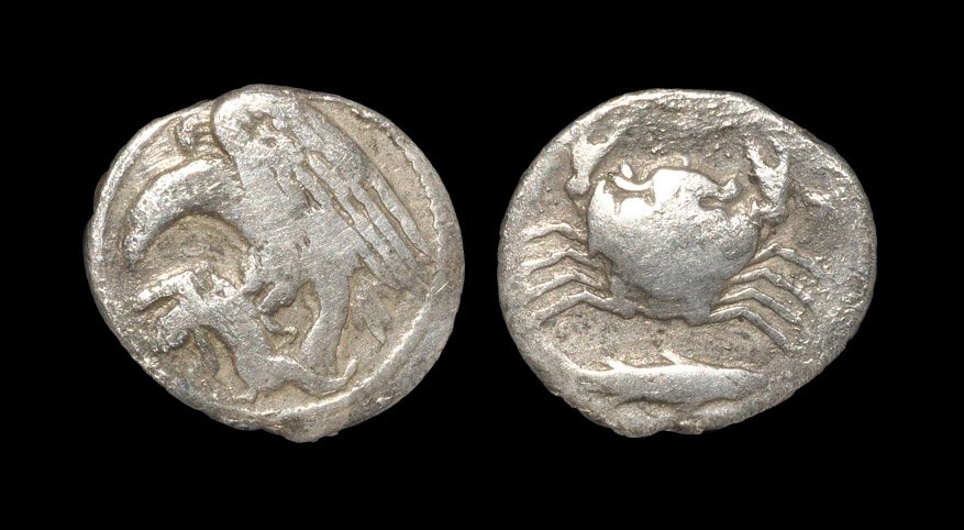 Ancient Greek Coins - Agrigentum - Crab Hemidrachm: 420–410 BC. Obv: eagle standing left with wings spread, tearing at hare. Rev: A–K–R–A. crab, fish below. Hoover 104; SNG ANS 1003–1009; Sear -; see Wildwinds.com (this coin). 1.94 grams. Tim