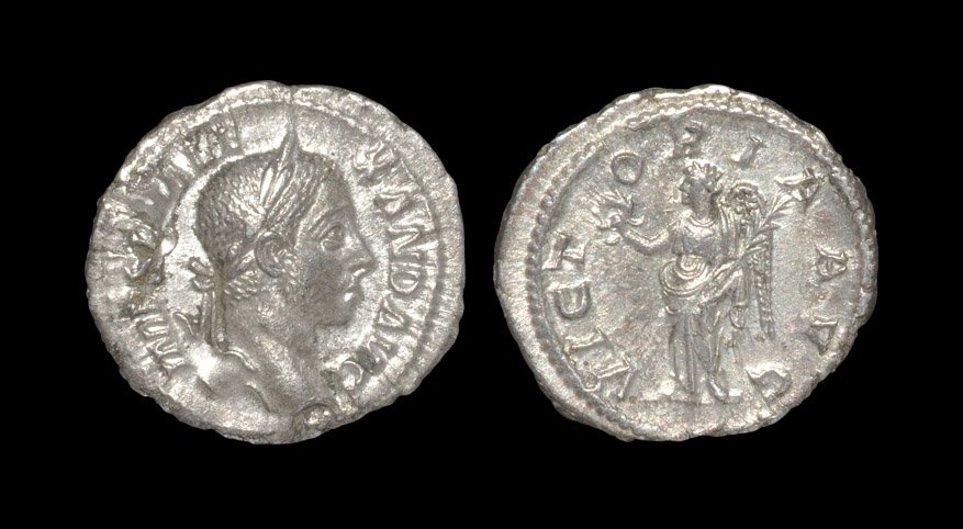 Ancient Roman Coins - Severus Alexander - Victory: 229 AD, Rome mint. Obv: IMP SEV ALEXAND AVG legend with laureate head right. Rev: VICTORIA AVG legend with Victory standing left, holding wreath and palm branch. RIC 212; RSC 556; Sear 7928. 2.28 gram
