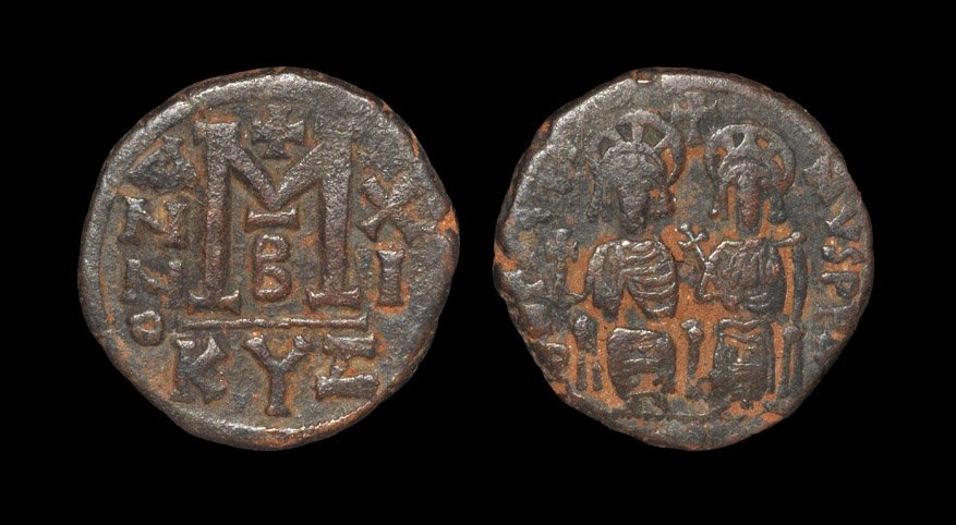 Ancient Byzantine Coins - Justin II and Sophia - Follis: 565-578 AD, dated regnal year 11, Cyzicus mint. Obv: DN IVSTINVS PP AVG legend with Justin on left, Sophia on right, seated facing on double-throne, both nimbate, Justin holding cross on globe, Sophia