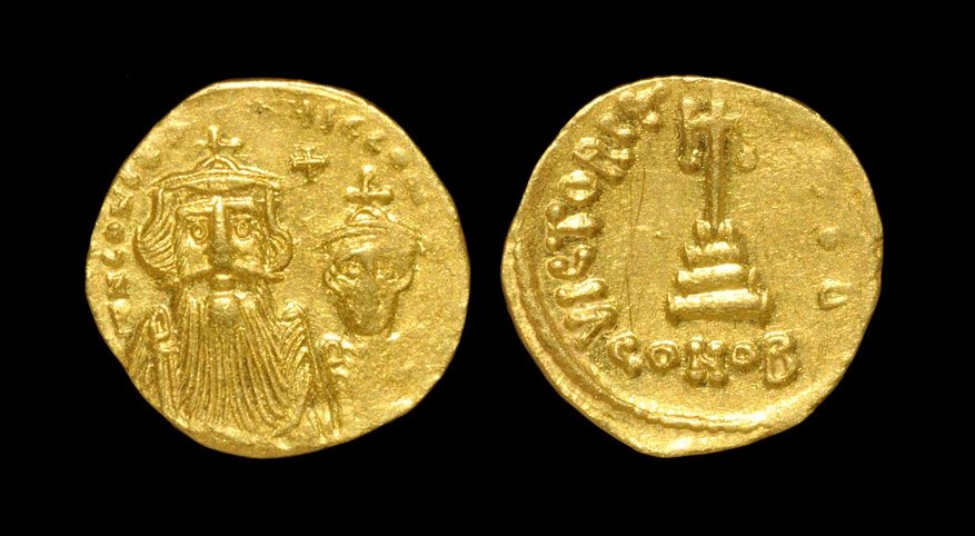 Ancient Byzantine Coins - Constans II and Constans IV -: 641-668 AD, Constantinople mint. Obv: dN CONSTANTINUS C CONSTAN legend with crowned facing busts of Constans, with long beard on left, and Constantine, beardless, on right, both wearing chlamys; cross