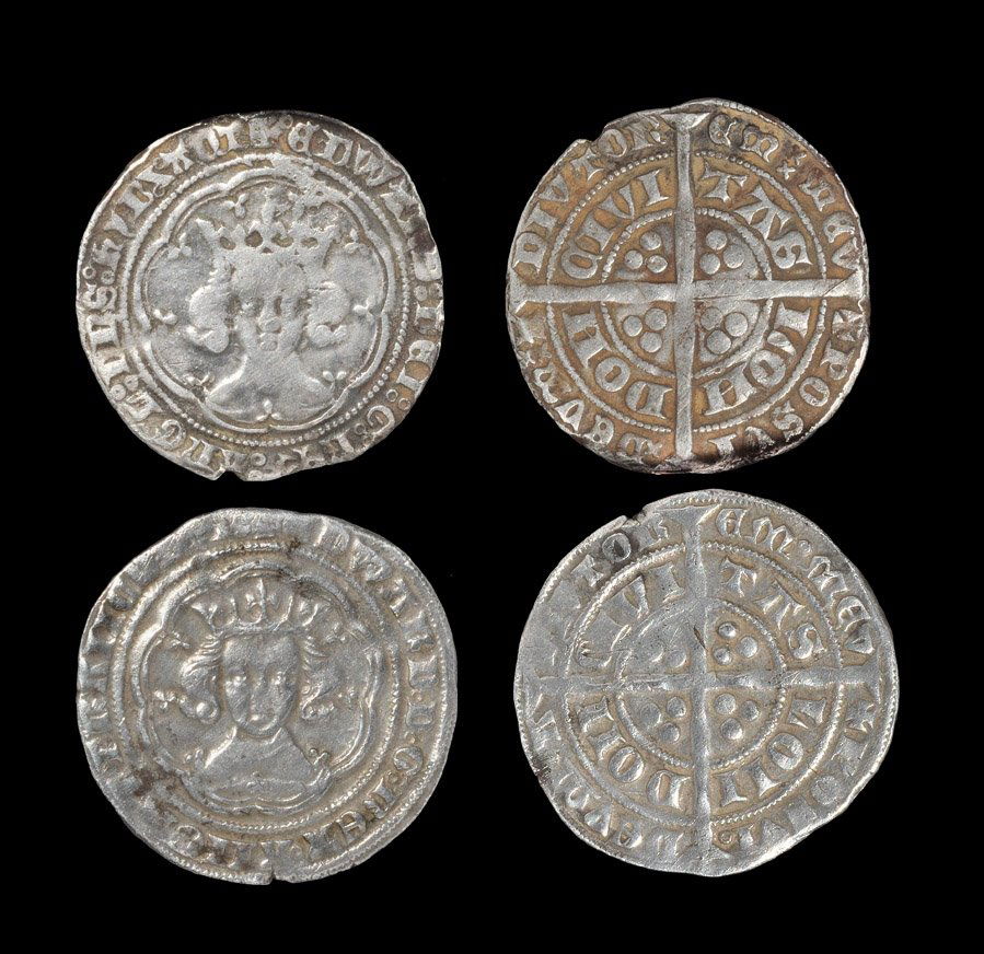 English Medieval Hammered Coins - Edward III - Long: 1356-1369 AD, pre Treaty series G and Treaty. Obvs: facing bust within tressure with +EDWARD D G REX ANGLI FRANC D HY and +oEDWARD DEI G REX ANGL DNS HYB Z AQT with annulet before EDWARD legends. Revs