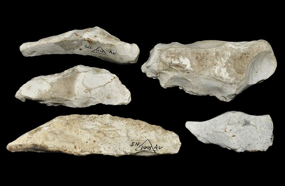 Stone Age British 'Avebury' Implement Group: Neolithic, 3000-2000 BC. A mixed flint group comprising: five finely knapped 'fabricators' with pointed or rounded ends, with inked label 'Fabricators (No 5) Neolithic and Bronze Age, Avebury, Wilts';