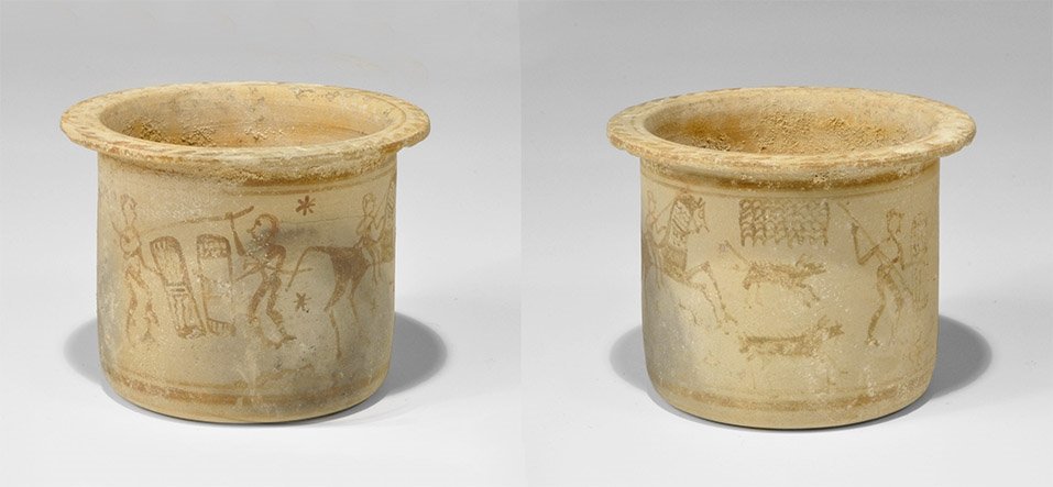 Iron Age Celtiberian Painted Ceramic Vessel: 3rd-2nd century BC. A broad jar with parallel sides and everted flange rim; the body with painted frieze of a horseman with two hounds, a spearman with spear and rectangular shield, horseman with spea