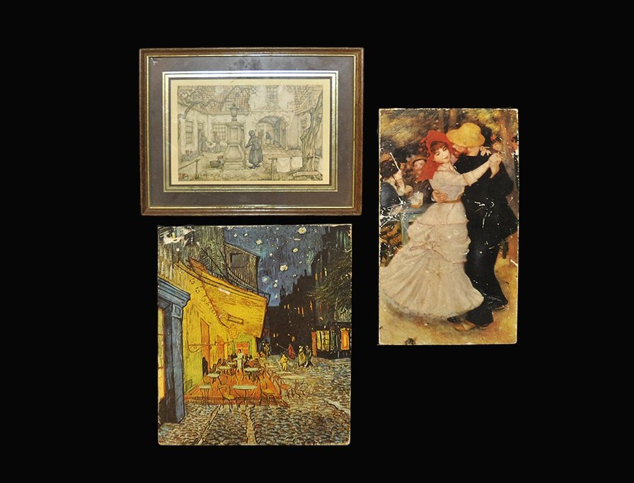 Post Medieval Mounted Print Group: 20th century AD. A mixed group of prints comprising: a framed and mounted scene of village square by Anton Pieck; a post-impressionist scene of a young man and girl dancing; the café terrace on the p