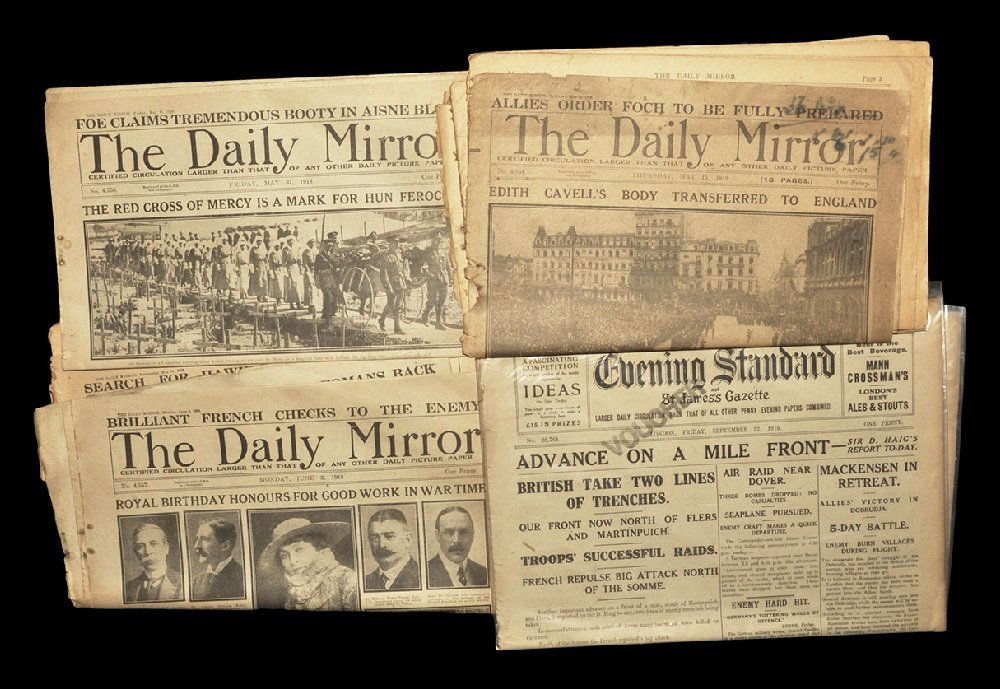 Vintage World War 1 Period British National Newspapers: 1916-1919 AD. A group of London Evening Standard and Daily Mirror, newspapers covering advances on the Somme, seaplane raids on Dover, repatriation of Edith Cavell's body and other events of the later
