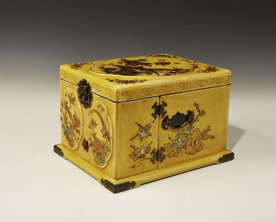 Chinese Style Jewellery Box: An undated archaistic lacquered jewellery box with hinged lid and mirror, two hinged compartments with drawers, main body with one larger and two smaller drawers, all paper-lined; brass handles, hasp 