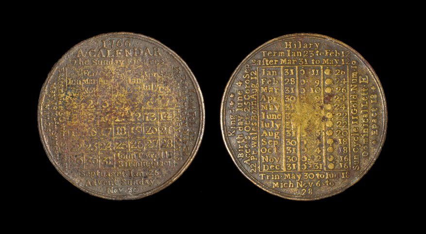 Post Medieval John Powell Pocket Calendar Token: Dated 1766 AD. A pocket calendar or almanac by John Powell with: obverse: year calendar grid, with significant dates around, date and maker's name; reverse: phases of the moon grid and significant dat