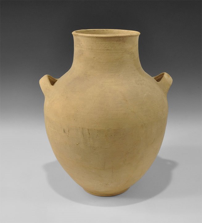 Greek Cypriot Whiteware Amphora: 9th-7th century BC A tall whiteware amphora with bulbous body, chamfered rim, two strap handles to the shoulder. 2.5 kg, 36.5 cm (14 1/4"). Ex Fortnum and Mason, London, UK; formerly in the Severis co