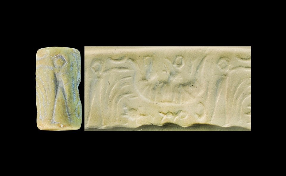 Near Eastern Mesopotamian Limestone Cylinder Seal: Early Dynastic III, 2500-2350 BC A carved seal matrix depicting a standing figure with a staff before a boat with two occupants, fish beneath. 5.50 grams, 22 mm (1"). Property of a North London busine