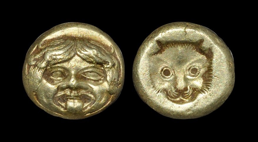 Ancient Greek Coins - Lesbos - Mytilene - Electrum Gold: Circa 370 BC. Obv: head of Gorgoneion facing. Rev: incuse head of lynx facing. Bodenstedt 53.2 (dies a/a?); Traité II-2, 2146; see Wildwinds.com (this coin); cf. Numismatik Lanz 145, lot 28 (for anot
