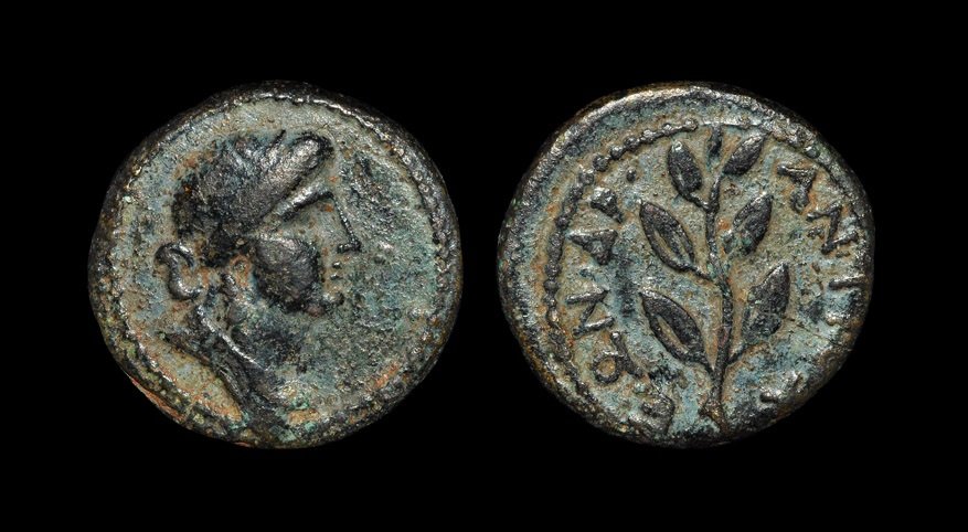 Ancient Greek Coins - Syria - Antioch - Bronze: Dated Caesarean year 104 (55-56AD "). Obv: laureate bust of Apollo right. Rev: ANTIOXEWN DR legend with laurel branch. RPC 4289; Butcher 119; SNG Cop. 105; BMC 71-73 corrigenda (obverse described as a