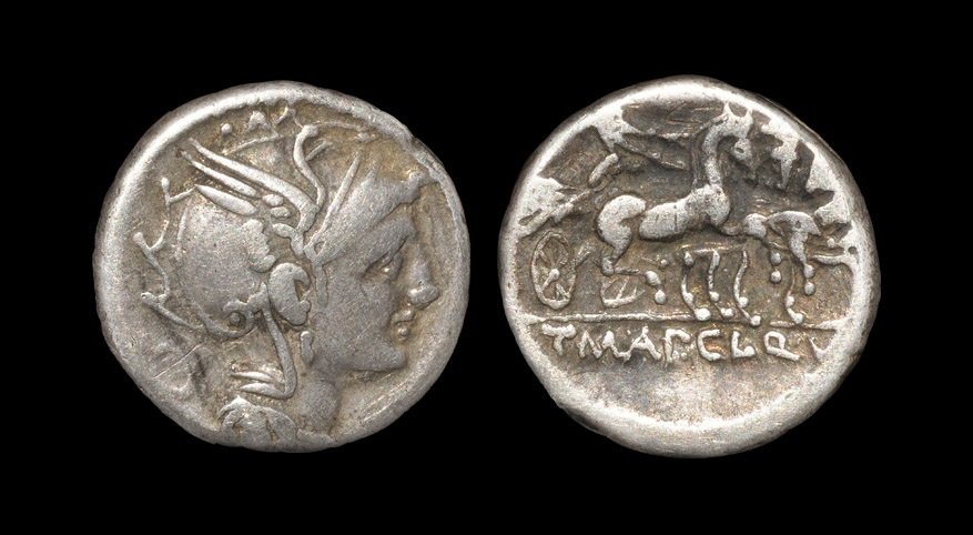 Ancient Roman Coins - Appius Claudius Pulcher, T.: 111-110 BC. Obv: helmeted head of Roma right with quadrangular symbol behind. Rev: Victory in triga right with AP CL T MAL Q VR (MAL and VR ligate) legend in exergue. Sear 176; RRC 299/1a; CRR 570; RS