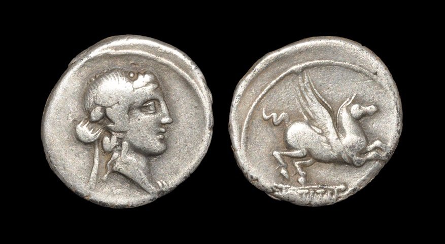 Ancient Roman Coins - Q. Titius - Pegasus Denarius: 90 BC. Obv: young head of Bacchus right, wreathed in ivy. Rev: Pegasus right; Q TITI on tablet below. Sear 239; RRC 341/2; CCR 692; RSC 1, Titia 2. 3.92 grams. [No Reserve]