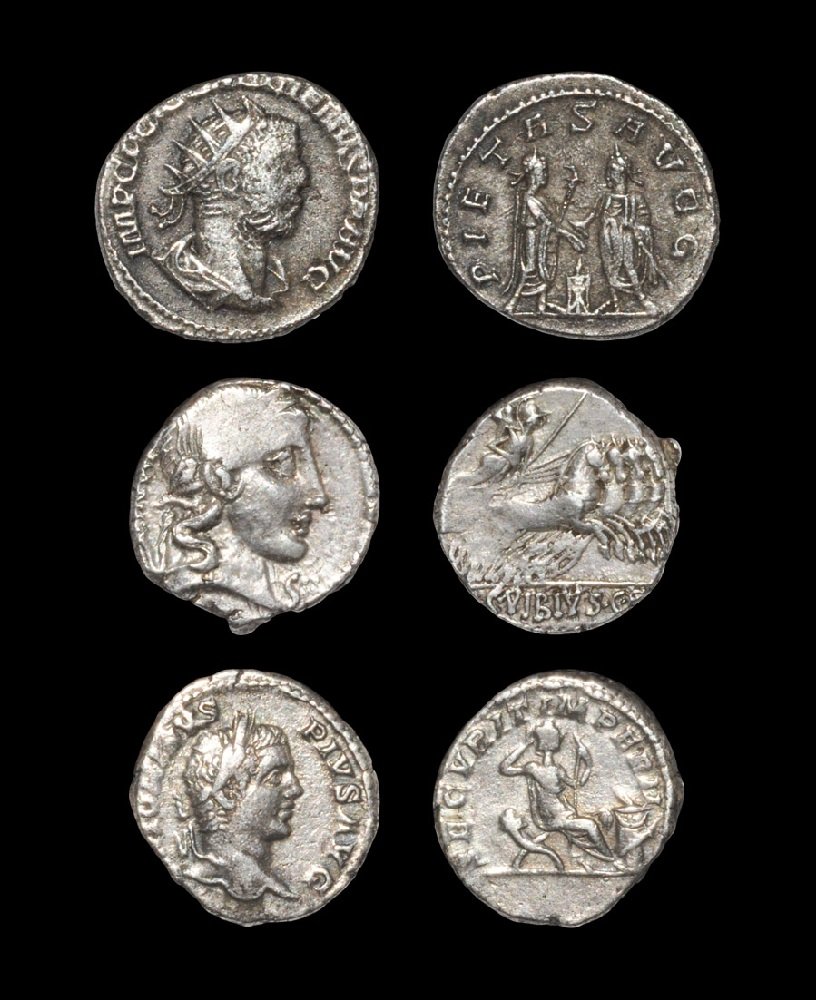 Ancient Roman Coins - C Vibius Cf Pansa and Caracalla: 90 BC, moneyer C Vibius Cf Pansa. Obv: PANSA legend with laureate head of Apollo right, control mark before. Rev: Minerva in quadriga right, C VIBIVS CF in exergue. 206-210 AD, Caracalla. Obv: ANTONIN