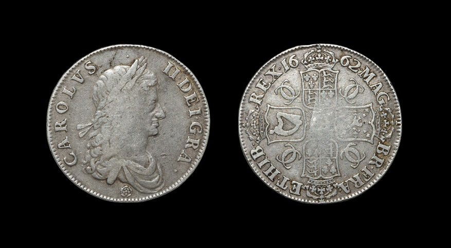 English Milled Coins - Charles II - 1662 - Crown: Dated 1662, first bust. Obv: profile bust with rose below and CAROLVS II DEI GRATIA legend. Rev: cruciform shields with interlocked Cs in angles, date and MAG BR FRA ET HIB REX legend. Edge: raised +