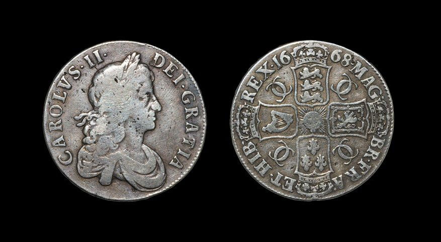 English Milled Coins - Charles II - 1668 - Crown: Dated 1668, second bust. Obv: profile bust with CAROLVS II DEI GRATIA legend. Rev: cruciform shields with interlocked Cs to angles, date and MAG BR FRA ET HIB REX legend. Edge: raised + . DECVS ET TVT