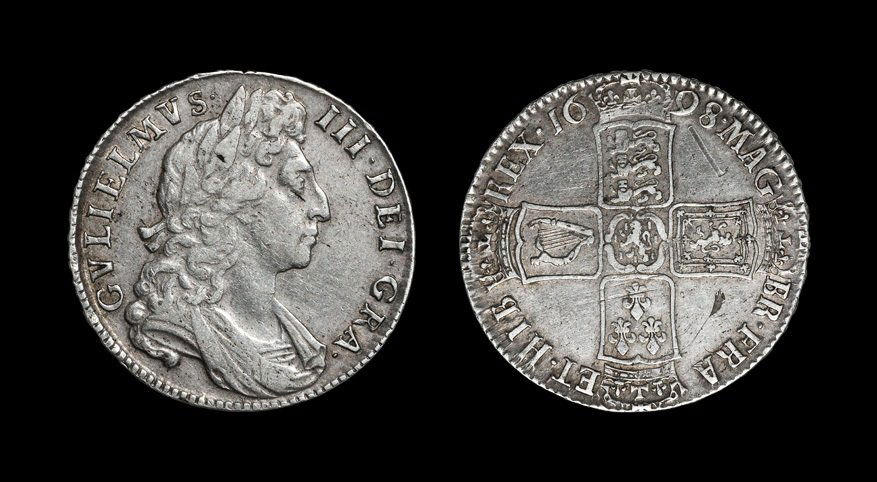 English Milled Coins - William III - 1698 DECIMO -: Dated 1698, first bust, modified shield. Obv: profile bust with GVLIELMVS III DEI GRA legend. Rev: cruciform shields with date and MAG BR FRA ET HIB REX legend. Edge: raised DECVS ET TVTAMEN ANNO REGN