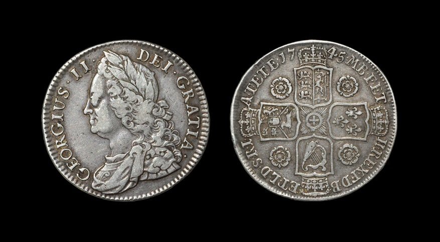 English Milled Coins - George II - 1745 - Halfcrown: Dated 1745, old laureate and draped bust. Obv: profile bust with GEORGIUS II DEI GRATIA legend. Rev: cruciform shields with date and M B F ET H REX F D B ET L D S R I A T ET E legend. Edge: raised DEC