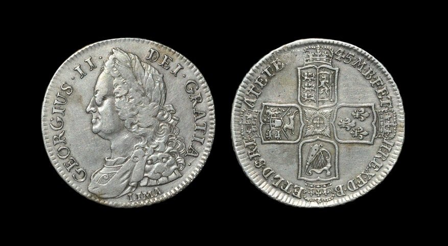 English Milled Coins - George II - 1745 LIMA -: Dated 1745, old laureate and draped bust. Obv: profile bust with LIMA below and GEORGIUS II DEI GRATIA legend. Rev: cruciform shields with date and M B F ET H REX F D B ET L D S R I A T ET E legend. E