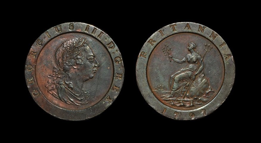English Milled Coins - George III - 1797 - Cartwheel: Dated 1797, Soho mint. Obv: profile bust with incuse GEORGIUS III D G REX legend. Rev: Britannia seated with SOHO in waves and incuse date and BRITANNIA legend. S. 3776. 57.29 grams. [No Reserve]
