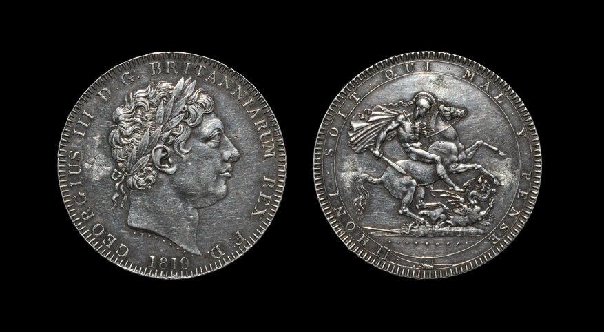 English Milled Coins - George III - 1819 LIX - Crown: Dated 1819, new coinage. Obv: profile bust with date below and GEORGIUS III D G BRITANNIARUM REX F D legend. Rev: St George and dragon in garter. Edge: raised DECUS ET TUTAMEN ANNO REGNI LIX legend. S