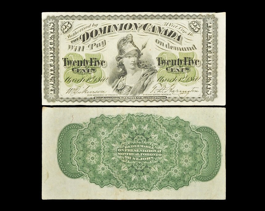 World Banknotes - Canada - Dominion Fractional Issue -: Issue dated 1st March 1870, Dominion of Canada, printed British American Banknote Co. Obv: black on green, Britannia with spear. Rev: green, cartouche. Pick 8a. 115 x 57 mm. These fractional notes are