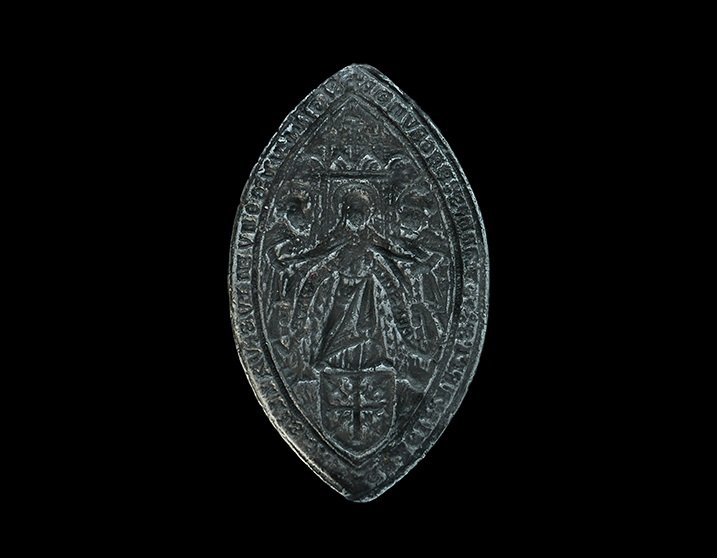 Medieval Electrotype Abbey Vesica Seal Matrix: 19th century AD. A bronze electrotype of a large vesica seal of the Abbaye du Val-de-Grâce or Val Profond (coded MATR-030) in 13th century AD style, depicting a nimbate figure of the Virgin Mary enth