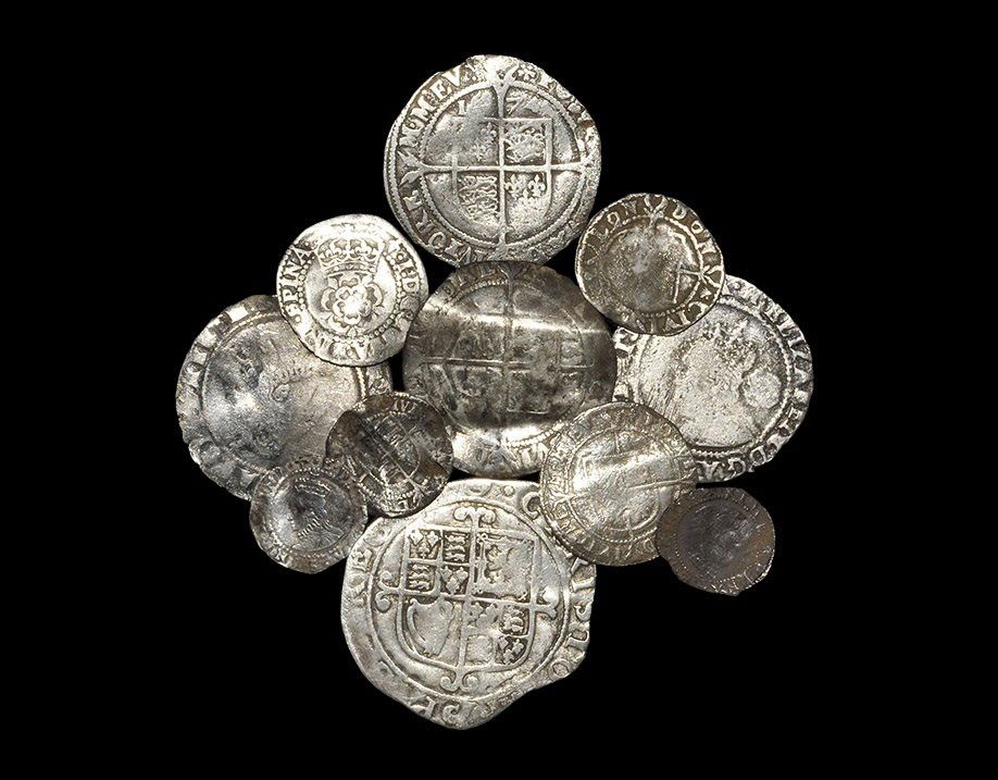 English Medieval Coins - Elizabeth I to Charles I -: Group comprising: Elizabeth I, sixpences (1570, 1574 (2), 1582), threepence (1582), halfgroat, pennies (3); James I, halfgroat ('lis' mintmark) and Charles I, shilling ('triangle-in-circle' mintmark).