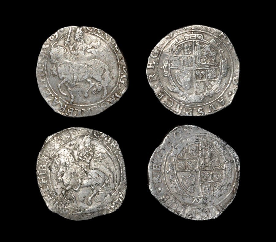 English Stuart Coins - Charles I - Tower - Halfcrowns: 1641-1643 AD, group IV. Obvs: king on horseback with CAROLVS D G MAG BRI FRA ET HI REX legend and 'triangle-in-circle' mintmark. Revs: arms with CHRISTO AVSPICE REGNO legend. S. 2779; N. 2214. 13.93, 
