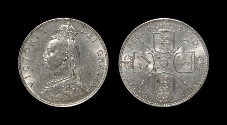 English Milled Coins - Victoria - 1887 - Florin: Dated 1887, jubilee head. Obv: profile bust with VICTORIA DEI GRATIA legend. Rev: cruciform shields with sceptres in angles, date and BRITT REG FID DEF legend. S. 3925; ESC 868. 11.29 grams. TimeLine