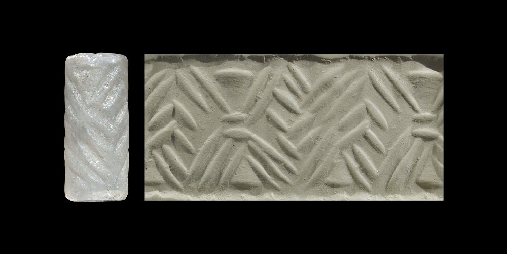 Near Eastern Mesopotamian Cylinder Seal with Crab: Circa 3000 BC. A translucent chalcedony seal with pattern of lozenges, accompanied by an old scholarly note, typed and signed by W.G. Lambert, late Professor of Assyriology, University of Birmingham,