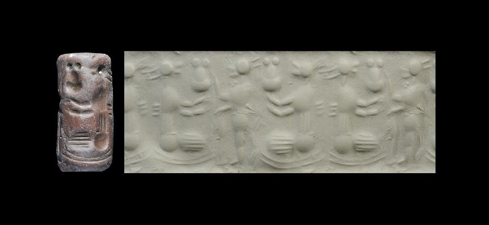 Near Eastern Mesopotamian Cylinder Seal with Figures: Circa 3000 BC. A carved limestone seal with intaglio scene of a standing figure presenting a vessel to a seated figure with attendant. See Collon, D. Near Eastern Seals, London, 1990. 8.83 grams, 28mm