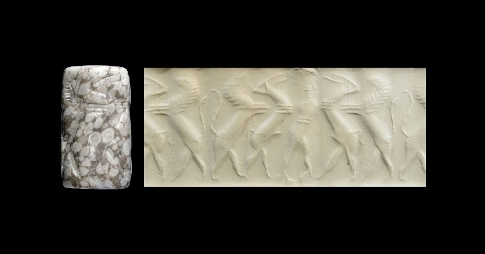 Near Eastern Akkadian Cylinder Seal with Figures and: Circa 2400 BC. A carved fossiliferous limestone cylinder seal with a frieze of a figure between beasts, accompanied by an old scholarly note, typed and signed by W.G. Lambert, late Professor of Assyri