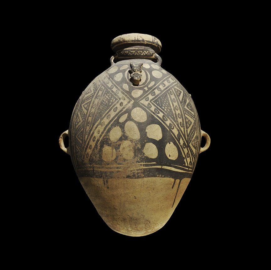 Pre-Columbian Chancay Large Ceramic Painted Vessel: 1000-1470 AD. A very large round-bottomed greyware vessel, elliptical in plan with broad bell-shaped mouth, two pairs of loop handles to the shoulders and two strap handles to the lower sides; applied