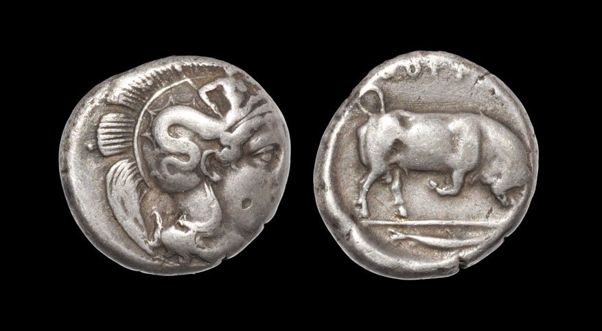 Ancient Greek Coins - Lucania - Thourioi - Butting Bull: 443-425 BC. Obv: head of Athena right wearing crested Athenian helmet. Rev: QOYRION legend with bull butting right; tunny fish right in exergue. Cf. BMC 1, 2; cf. Sear 435. 7.69 grams. Ex Walter Stein