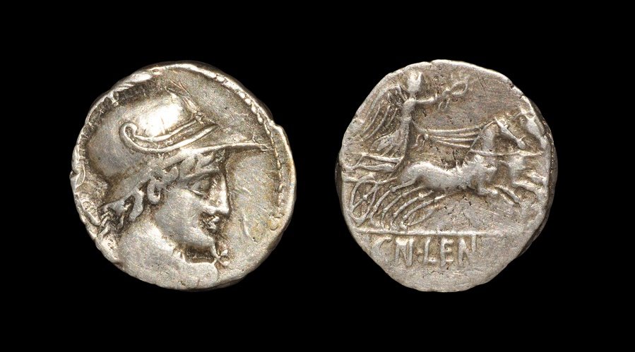 Ancient Roman Republican Coins - Cn. Lentulus Clodianus: 88 BC. Obv: helmeted bust of Mars right, seen from behind, holding spear over left shoulder and sword over right shoulder. Rev: CN LENTVL beneath Victory in biga right. Crawford 345/1; Sydenham 702; C