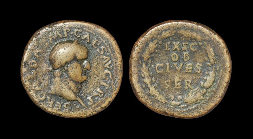 Ancient Roman Imperial Coins - Galba - Wreath Sesterius: November 68 AD. Obv: SER GALBA IMP CAES AVG TR P legend with laureate head right. Rev: EX S C OB CIVES SER legend in four lines within wreath. RIC 434; BMC 62; Sear - (cf. Sear 2125 but different reve