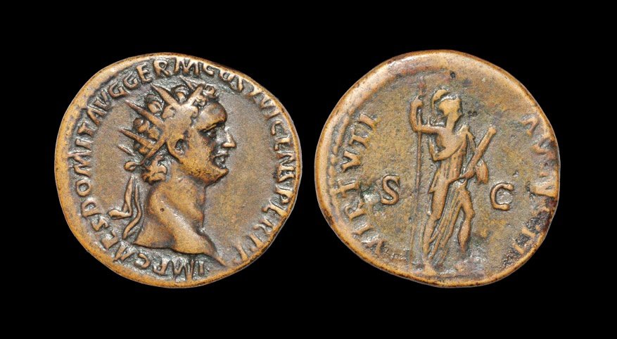 Ancient Roman Imperial Coins - Domitian - Virtus: 92-94 AD, Rome mint. Obv: IMP CAES DOMIT AVG GERM COS XVI CENS PER PP legend with radiate head right. Rev: VIRTVTI AVGVSTI legend with Virtus standing right, foot on helmet, holding spear and parazoni