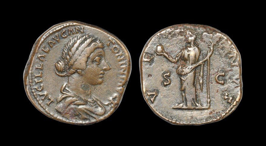 Ancient Roman Imperial Coins - Lucilla - Venus: 161-166 AD, Rome mint. Obv: LVCILLAE AVG ANTONINI AVG F legend with draped bust right. Rev: VENVS legend with Venus standing left, holding apple and sceptre, S-C across fields. RIC 1763; Cohen 72; Sea
