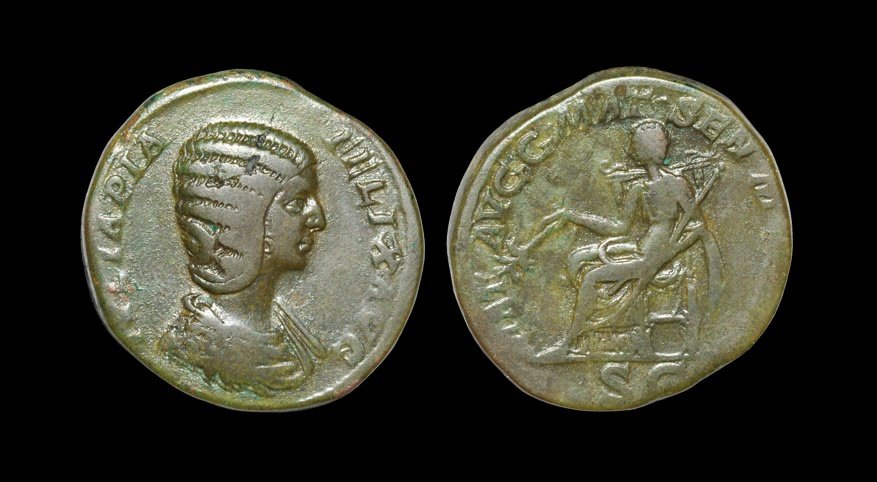 Ancient Roman Imperial Coins - Julia Domna - 'Mother of: 211-217 AD, struck under Caracalla. Obv: IVLIA PIA FELIX AVG legend with draped bust right. Rev: MAT AVGG MAT SEN M PATR legend with Julia Domna seated left holding branch and sceptre; SC in ex. RIC 5