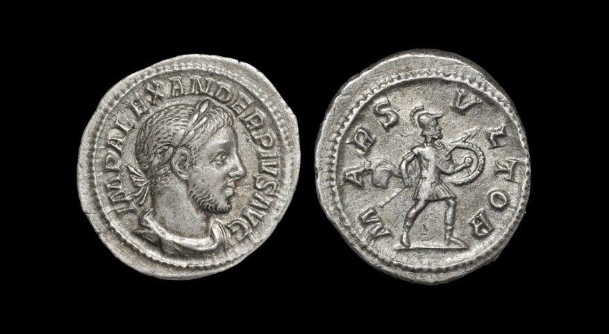 Ancient Roman Imperial Coins - Severus Alexander - Mars: 231-235 AD, Rome mint. Obv: IMP ALEXANDER PIVS AVG legend with laureate, draped, cuirassed bust right. Rev: MARS VLTOR legend with Mars advancing right, holding spear and shield. RIC 246; RSC 161a; Se